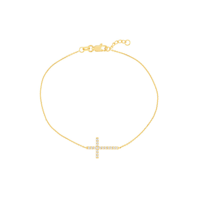 Sideways Cross Bracelet with Diamond Accent - 14K Yellow Gold - 7.5" Adjustable - by Dazyle
