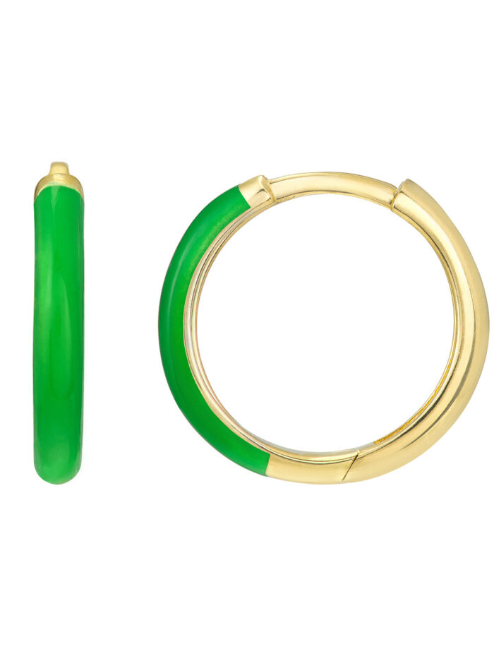 14K Yellow Gold Green Enamel Polished Hoops - 14K - 11x2mm - by Dazyle