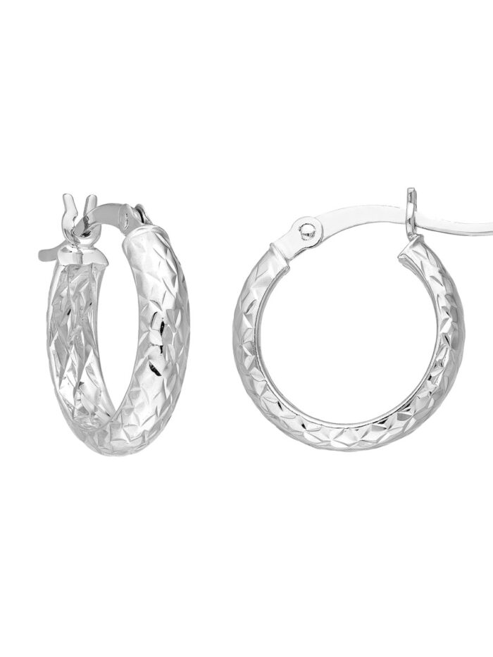 Diamond-Cut Hoop Earrings - 10K White Gold - 3mm x 15mm - by Dazyle