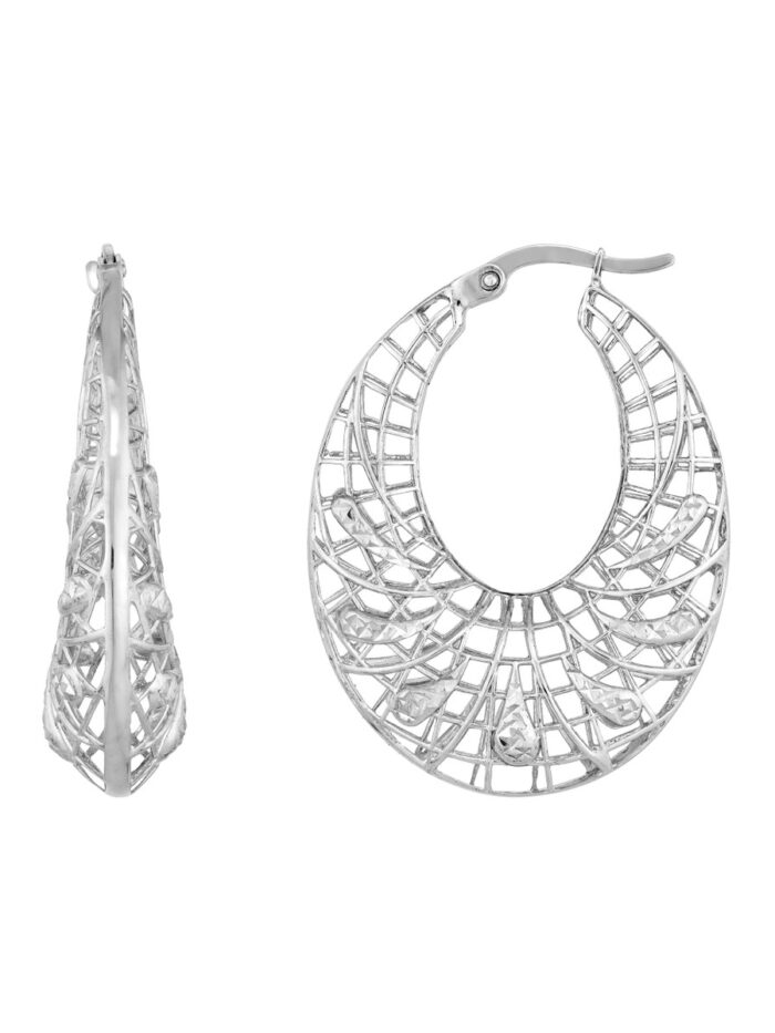 Plated Sterling Silver Oval Crescent Cage Hoop Earrings - Sterling Silver - by Dazyle