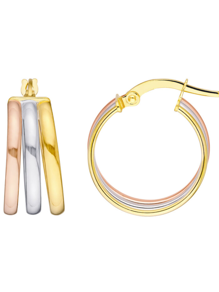Tri-Color 15mm Round Triple Hoop Earrings - 14K Three Tone Gold - by Dazyle
