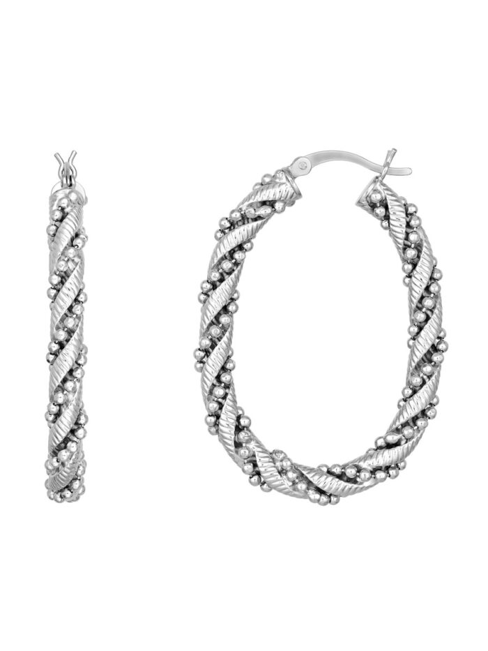 Sterling Silver Beaded and Twisted Hoop Earrings - Sterling Silver - by Dazyle
