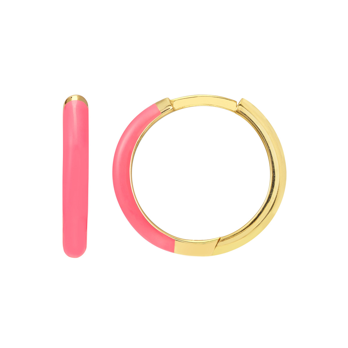 14K Yellow Gold Neon Pink Enamel 1/2 Polished Hoops - Hinge Closure - by Dazyle