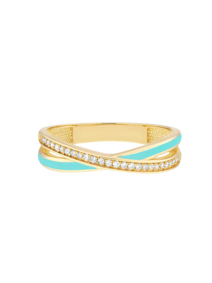 Diamond Turquoise X Ring Wedding Band - 14K Yellow Gold - by Dazyle