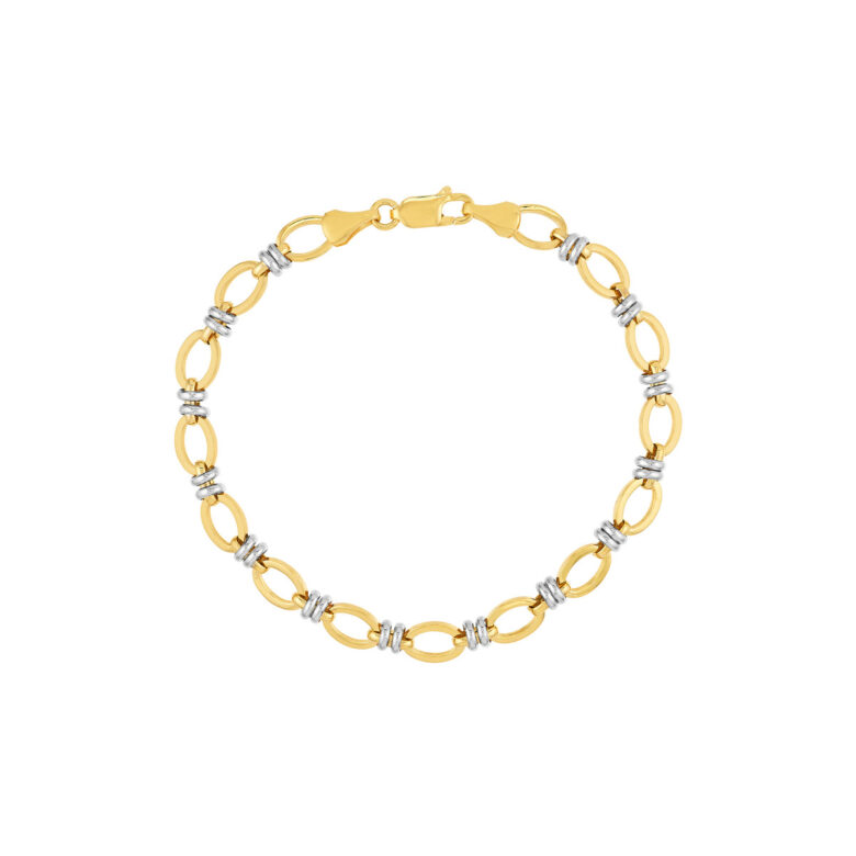 Two-Tone Flat Oval Link Bracelet - 14K Yellow & White Gold - 7.5 inches - by Dazyle