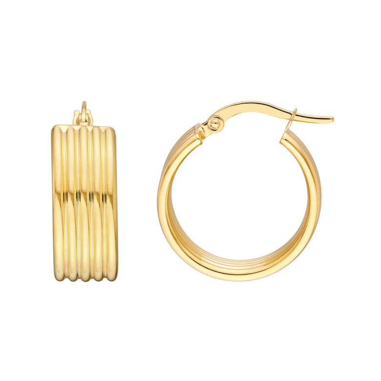 14K Yellow Gold Round Ribbed Hoops Hinge Closure - Earrings - by Dazyle