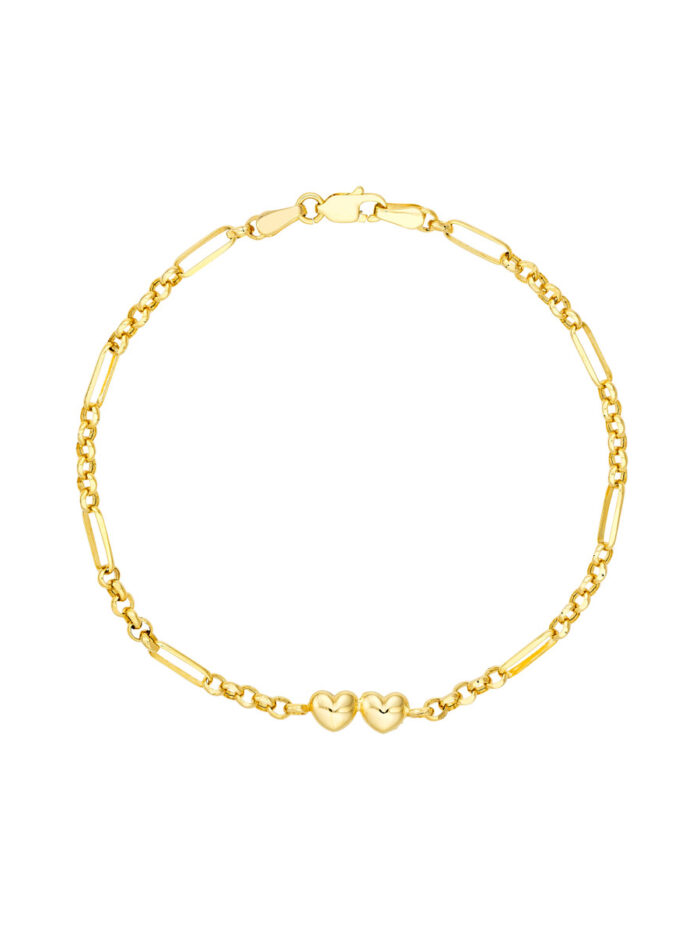 Double Puff Heart Paper Clip Bracelet - 14K Yellow Gold 7.5 Inch - by Dazyle