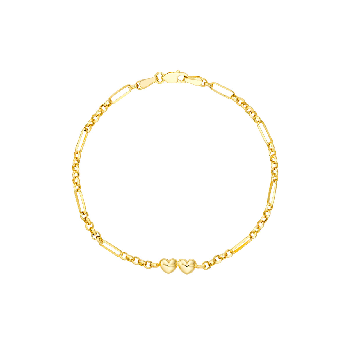 Double Puff Heart Paper Clip Bracelet - 14K Yellow Gold 7.5 Inch - by Dazyle