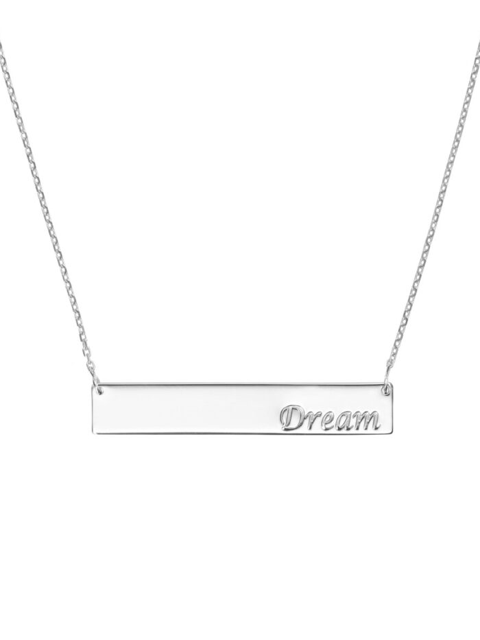 Dream Bar Necklace with "Dream" Engraving - Sterling Silver Rhodium Plated - 18 Inch Cable Chain - by Dazyle