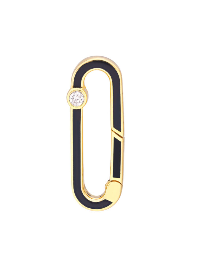 14K Yellow Gold Black Enamel Oblong Push Lock - 1/20tcw Diamond - by Dazyle