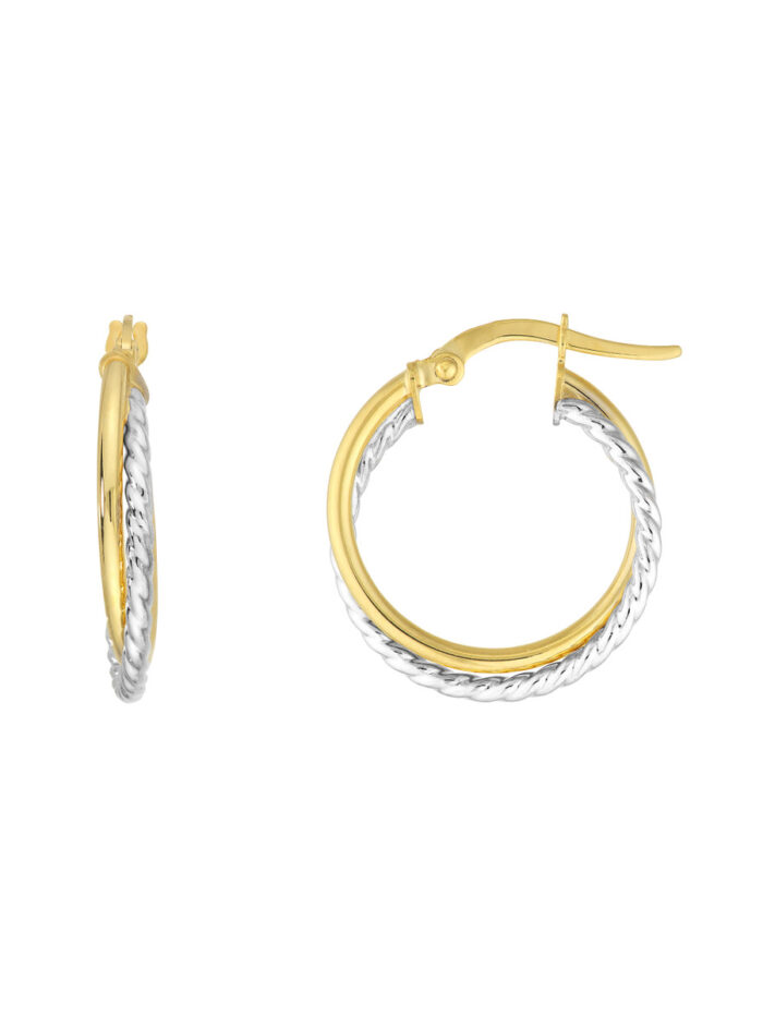 15mm Intertwined Plain/Twisted Tube Hoop Earrings - 14K Yellow & White Gold - by Dazyle