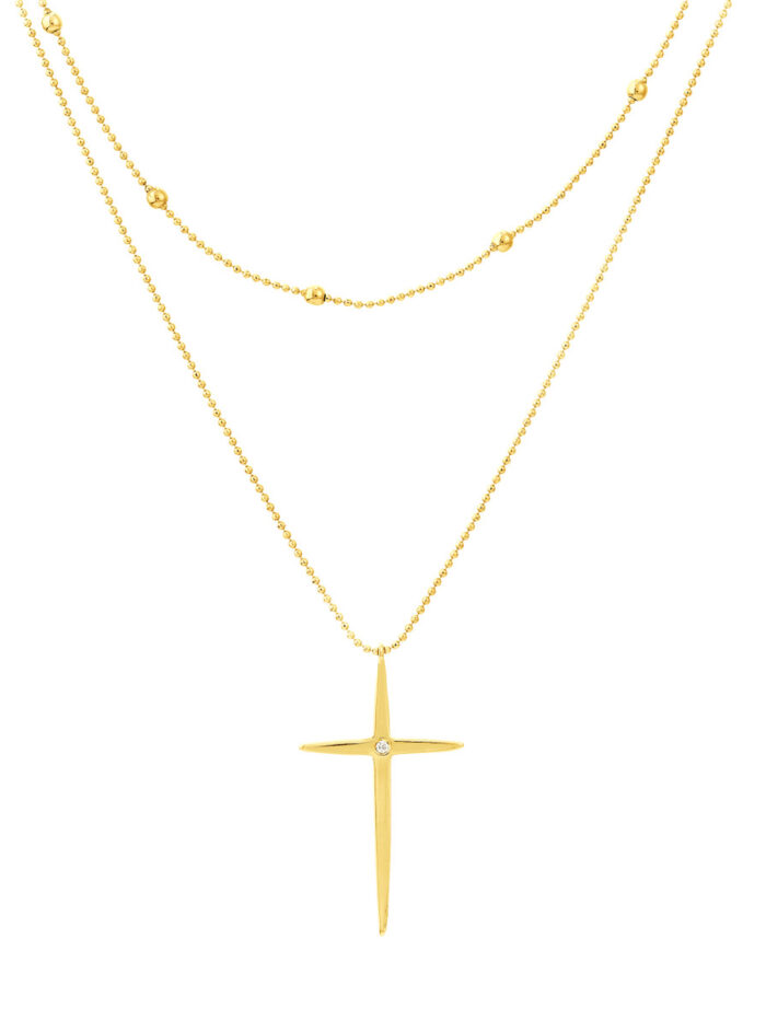 1ct Diamond Cross Duo Necklace in 14K Yellow Gold - Adjustable Cable Chain - 18 inches - by Dazyle