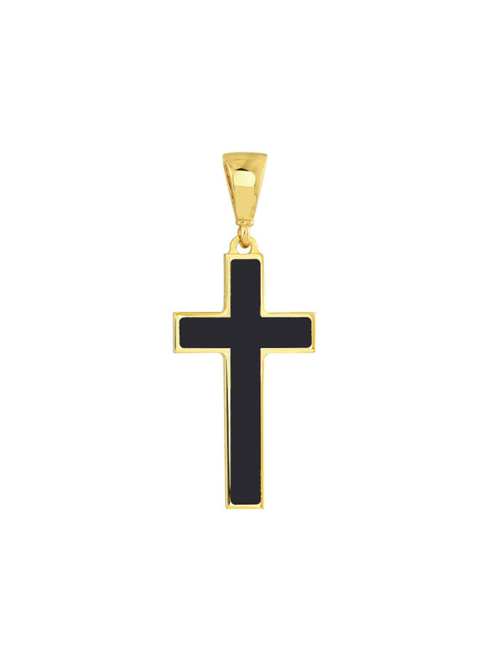 Small Black Enamel Cross Pendant - 14K Yellow Gold - by Dazyle