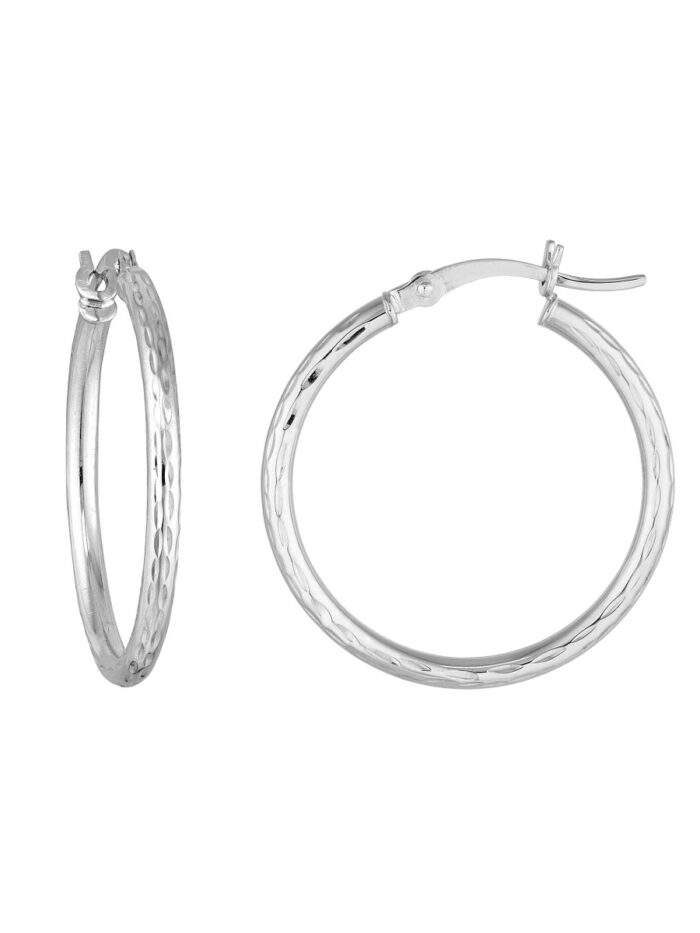 Diamond-Cut 10K White Gold Hoop Earrings - 2mm x 25mm - by Dazyle