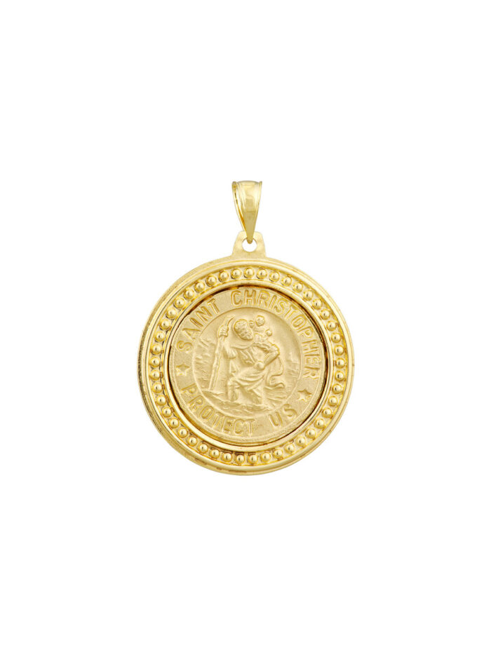 Framed St. Christopher Medal - 14K Yellow Gold Round Religious Pendant Charm - by Dazyle