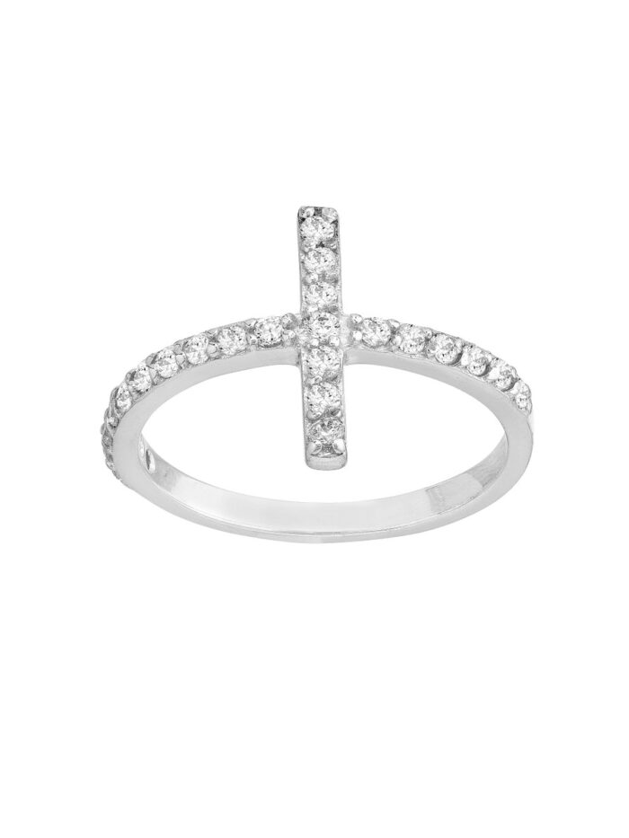 Sterling Silver Sideways CZ Cross Ring - Sterling Silver - Adjustable - by Dazyle