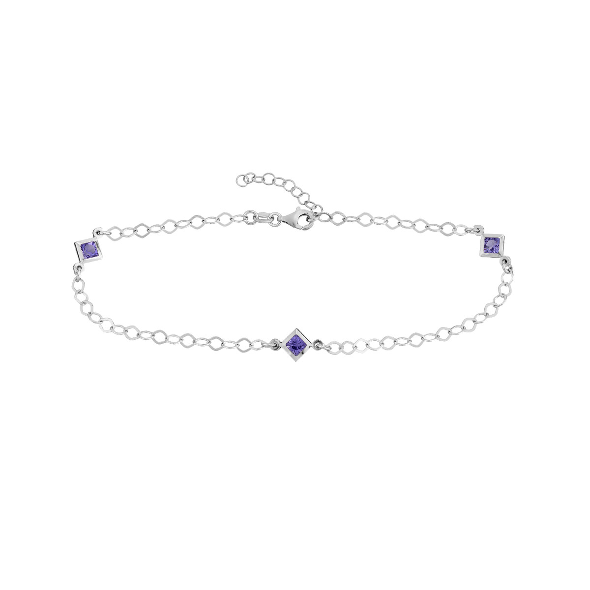 Sterling Silver Purple CZ Rhombus Stations Anklet - Sterling Silver - 9 to 10 inches - by Dazyle