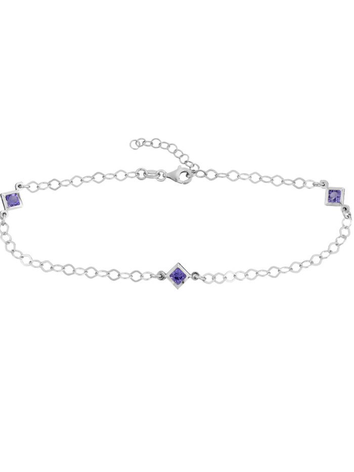 Sterling Silver Purple CZ Rhombus Stations Anklet - Sterling Silver - 9 to 10 inches - by Dazyle