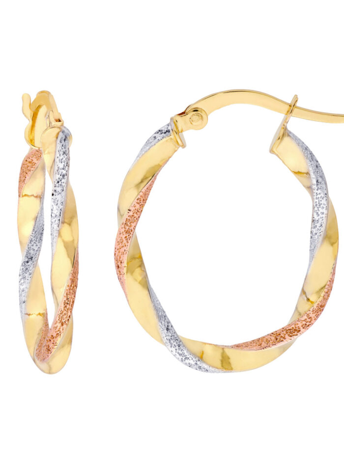 Tri-Color Twisted Oval Hoop Earrings - 14K Three Tone Gold - by Dazyle