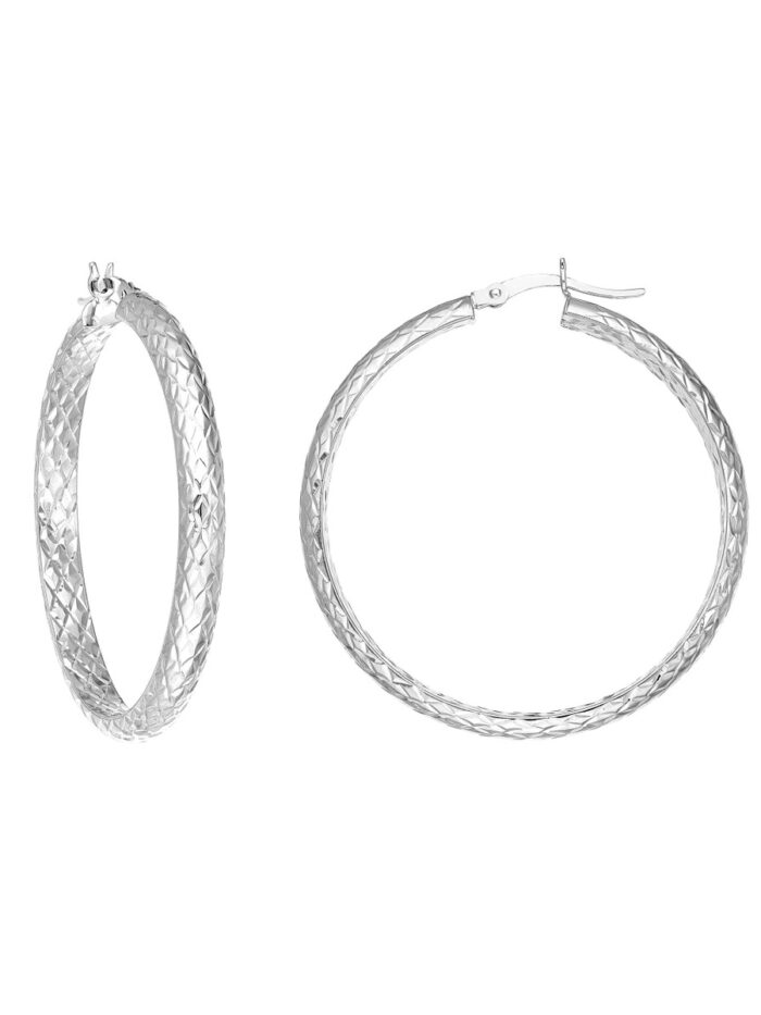 Diamond-Cut Hoop Earrings - 40mm x 4mm - 14K White Gold - Hinge Closure - by Dazyle