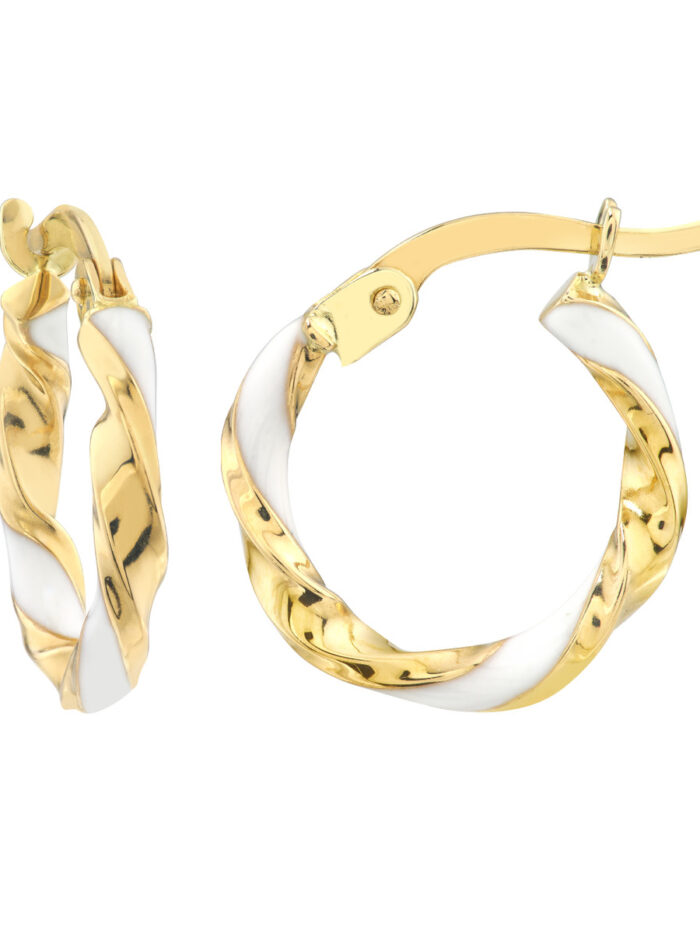 Medium White Enamel Round Twist Hoop Earrings - 14K Yellow Gold - by Dazyle