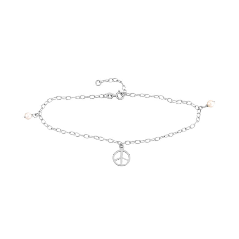 Sterling Silver Peace Sign and Pearl Anklet - by Dazyle