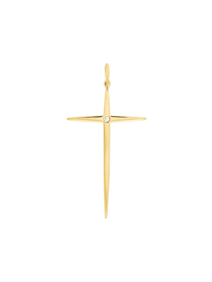 Pointed Cross Pendant with Diamond - 14K Yellow Gold - by Dazyle