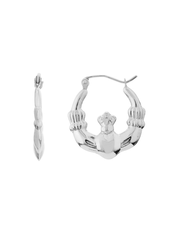 14K White Gold Lightweight Claddagh Hoop Earrings - Hinge Closure - by Dazyle
