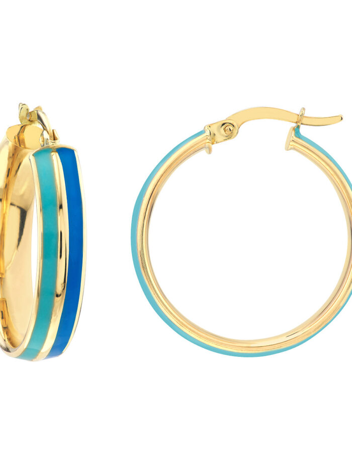 Turq and Baby Blue Enamel Round Hoops 14K Yellow Gold 20mm - by Dazyle