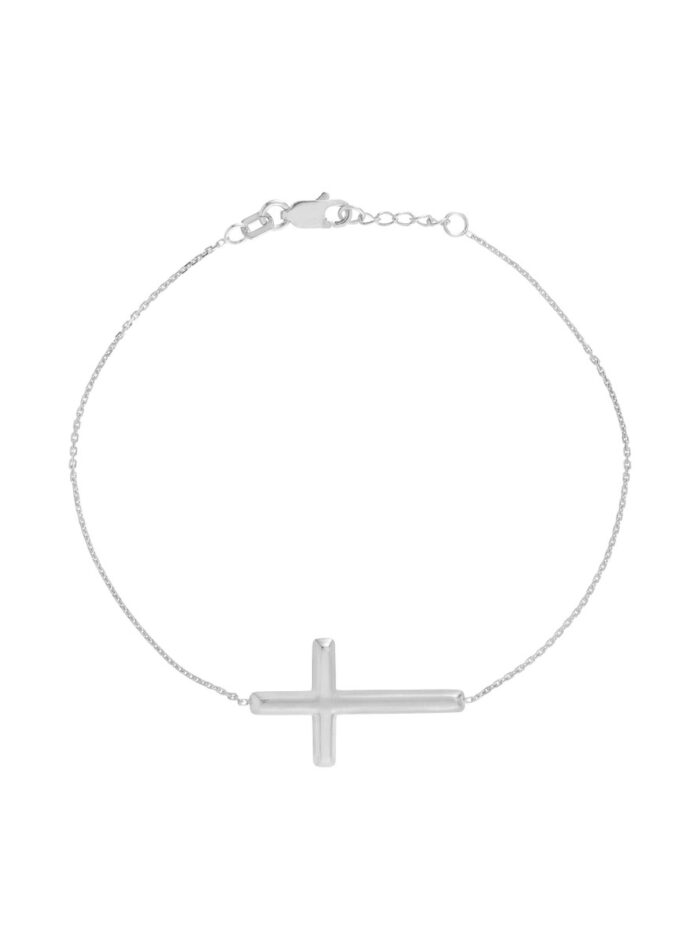 Rhodium Plated Sterling Silver Sideways Cross Bracelet - Adjustable 7.5 Inches - by Dazyle