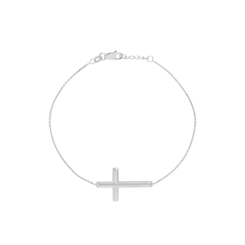 Rhodium Plated Sterling Silver Sideways Cross Bracelet - Adjustable 7.5 Inches - by Dazyle