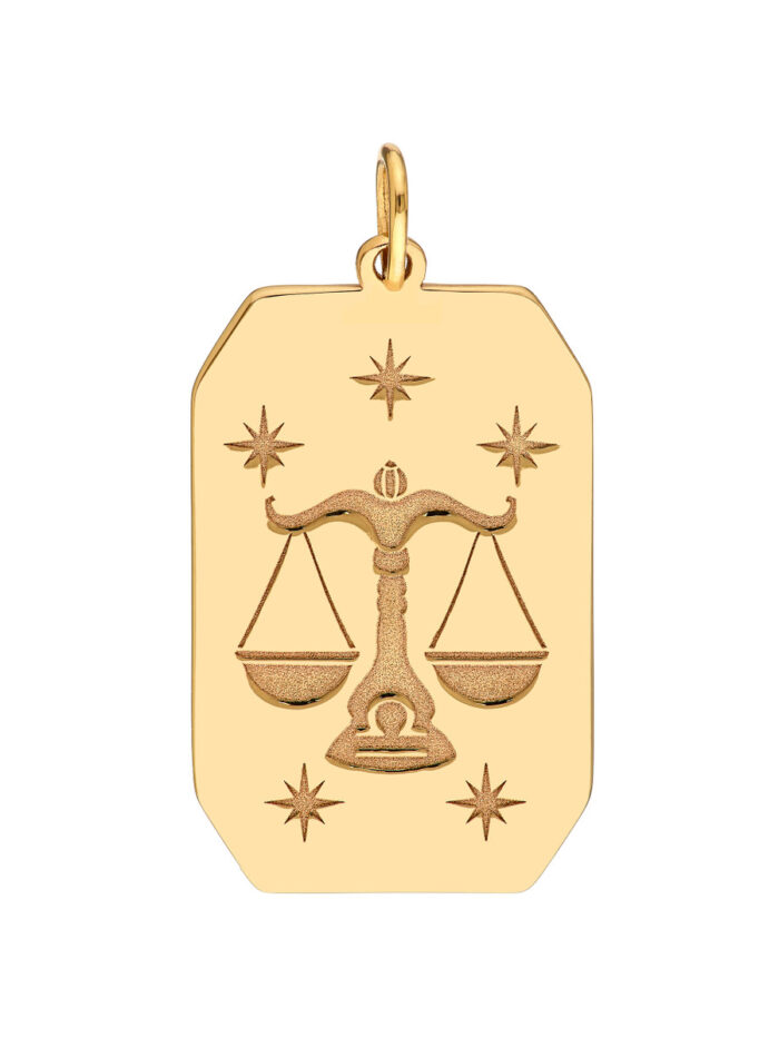 Libra Zodiac Pendant - 14K Yellow Gold - Engraved - 13x20mm - by Dazyle