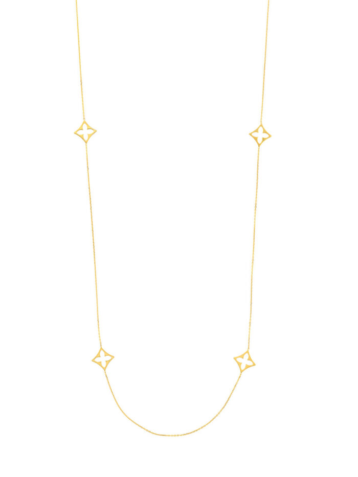 Long Chain Floral Stations Necklace - 36 Inch - 14K Yellow Gold - by Dazyle