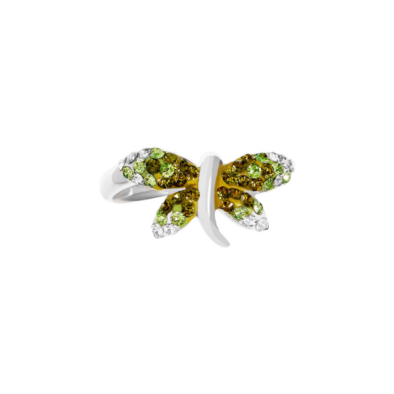 Silver Dragonfly Ring with Light Green Crystals - Sterling Silver - by Dazyle