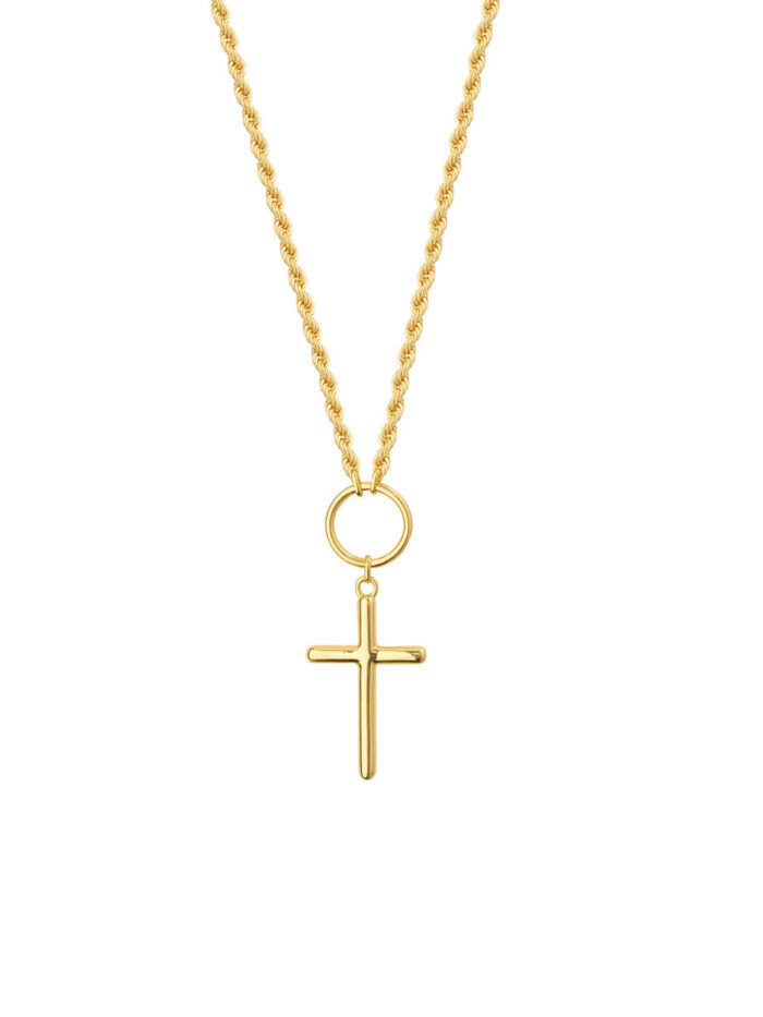 Cross Drop Adjustable Necklace on Rope Chain - 14K Yellow Gold 20 Inches - by Dazyle