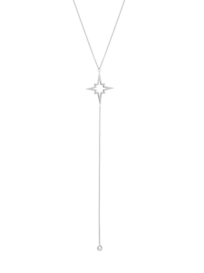 North Star and CZ Bezel Lariat Necklace - Sterling Silver - 18 Inches - by Dazyle