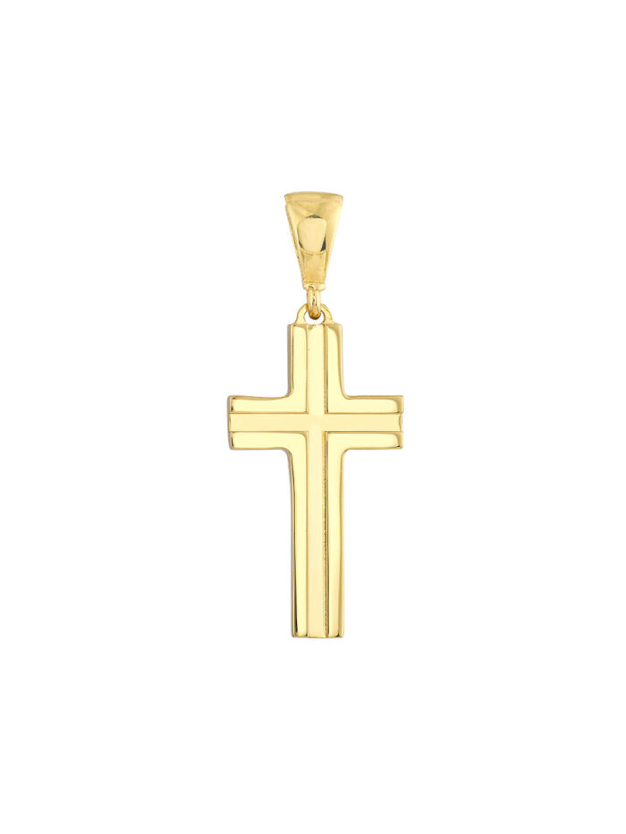 Small Polished Grooved Cross Pendant - 14K Yellow Gold - by Dazyle