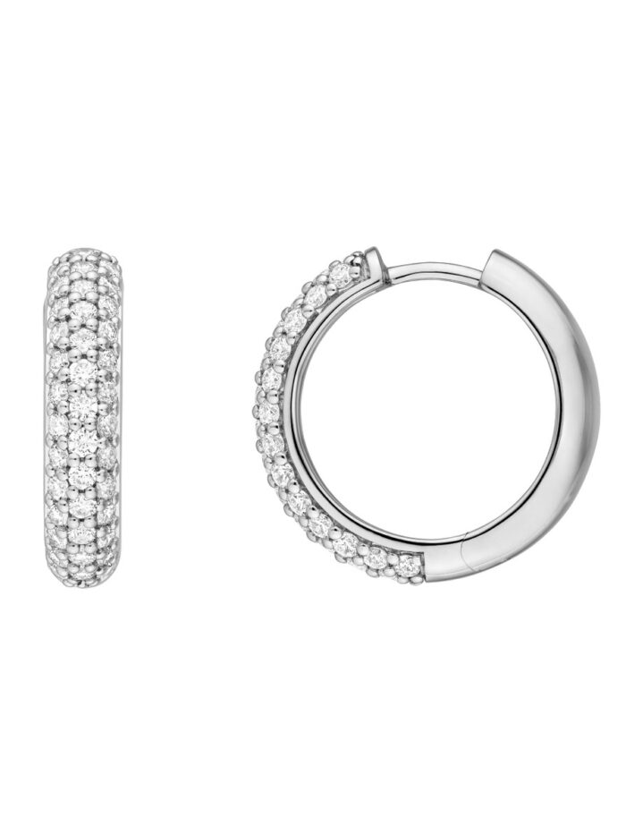 3/4ctw Diamond Pave Huggie Earrings - Three Rows of Diamonds - 14K White Gold - by Dazyle