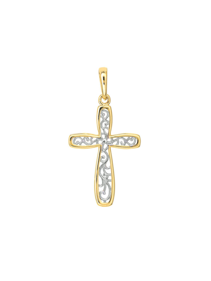 Two-Tone Framed Vine Cross Pendant - 14K Yellow & White Gold - by Dazyle