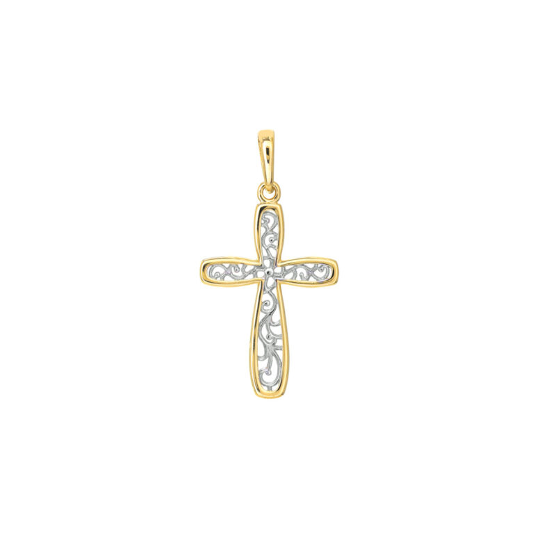 Two-Tone Framed Vine Cross Pendant - 14K Yellow & White Gold - by Dazyle