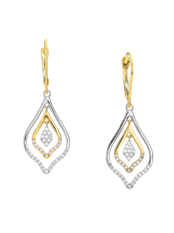 Two-tone CZ Double Framed Leaf Drop Earrings - 10K Yellow & White Gold - by Dazyle