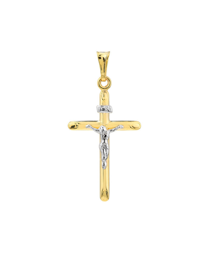 Two-Tone Hollow Crucifix Pendant - 14K Yellow & White Gold - by Dazyle