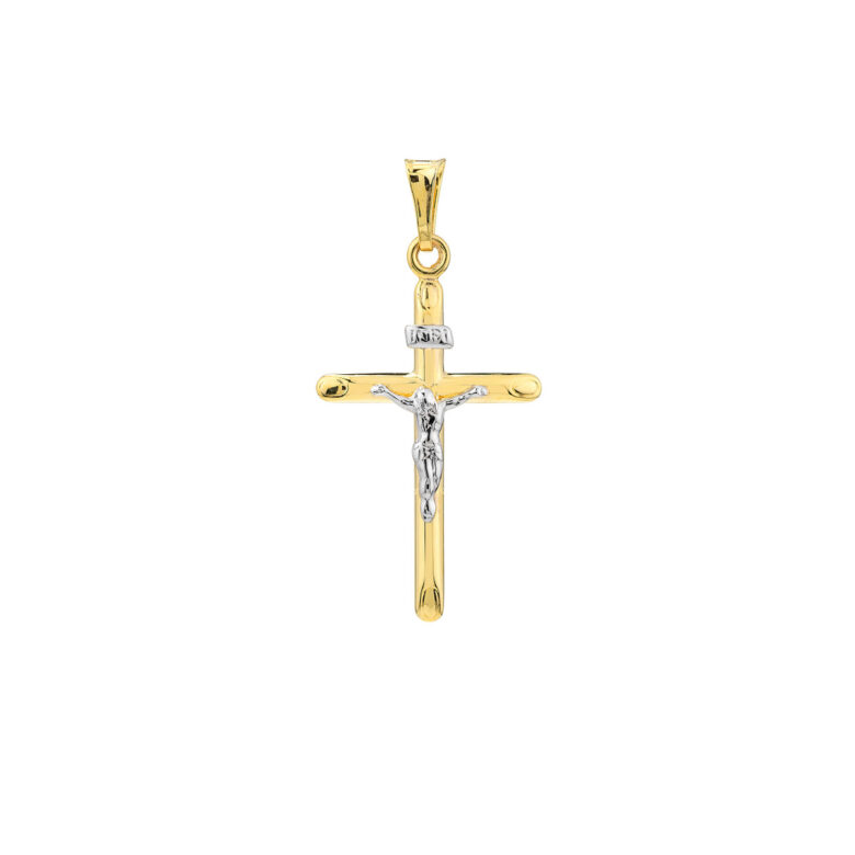 Two-Tone Hollow Crucifix Pendant - 14K Yellow & White Gold - by Dazyle