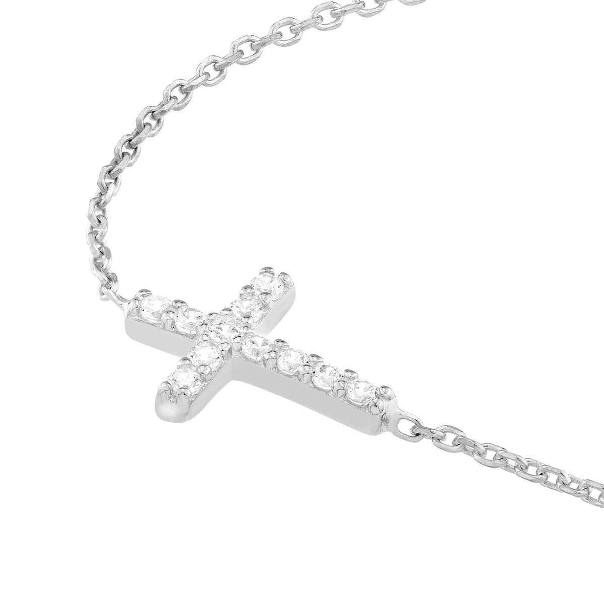 Adjustable 14K White Gold Sideways CZ Cross Necklace - 18 inch - by Dazyle - Image 2