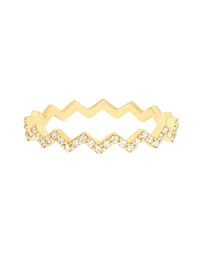 Diamond Polished Zig Zag Ring Wedding Band - 14K Yellow Gold - by Dazyle