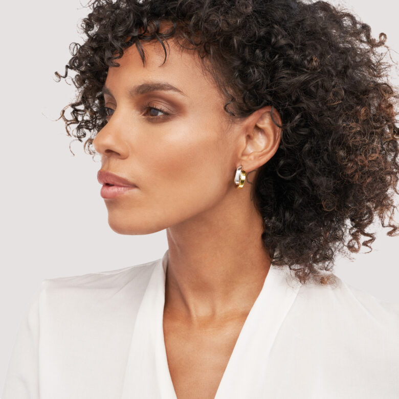 Two-Tone Criss-Cross Hoop Earrings - 15mm - 14K Yellow & White Gold - by Dazyle - Image 2