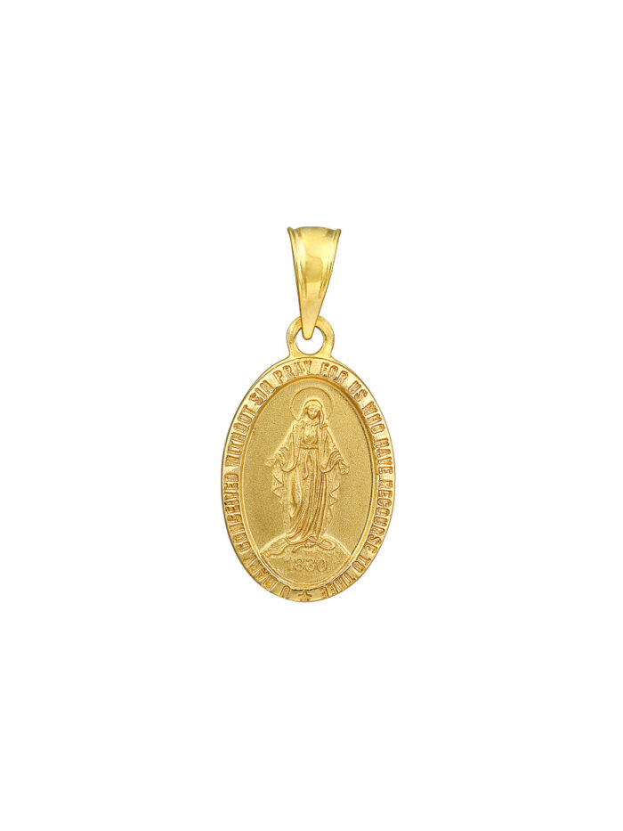 Small Oval Blessed Mary Medal Pendant - 14K Yellow Gold - by Dazyle