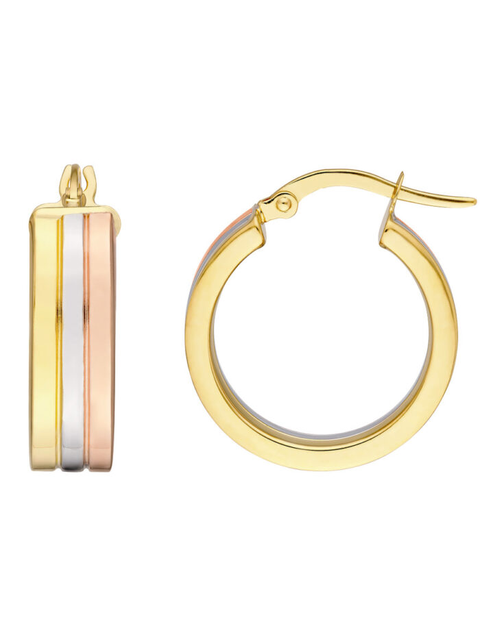 Tri-Color 15mm Round Hoop Earrings - 14K Three Tone Gold - by Dazyle