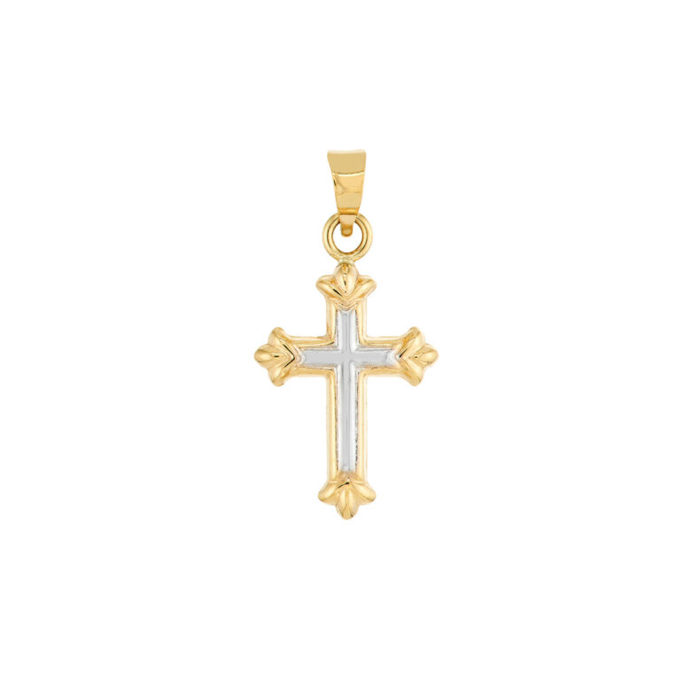 14K Yellow & White Gold Two-Tone Small Cross Fleur Pendant - Bail Closure - by Dazyle