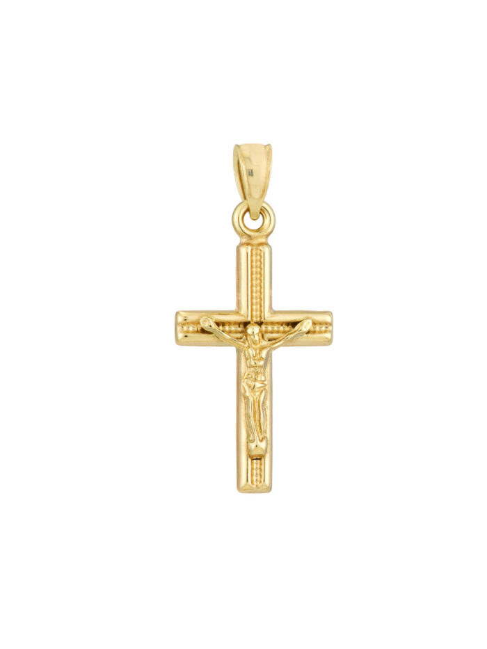 3D Concave Textured Crucifix Pendant - 14K Yellow Gold - by Dazyle